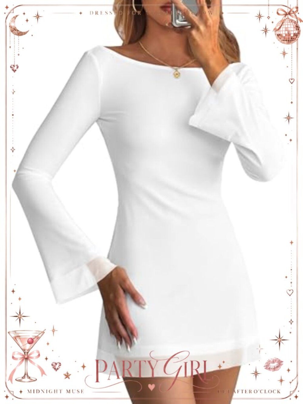 Women Mesh Mini Dress Bell Long Sleeve Boat Neck Bodycon Y2K Party Club